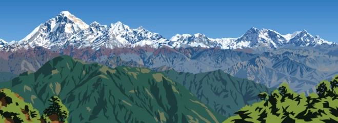 Foto op Canvas Mount Dhaulagiri and Mt Annapurna peaks as seen from Jaljala pass vector illustration, Nepal Himalayas mountains © Daniel Prudek