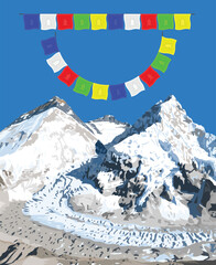 mount Everest Lhotse and Nuptse from Nepal side as seen from Pumori base camp with prayer flags, vector illustration, Mt Everest 8,848 m, Khumbu valley, Sagarmatha national park, Nepal Himalayas
