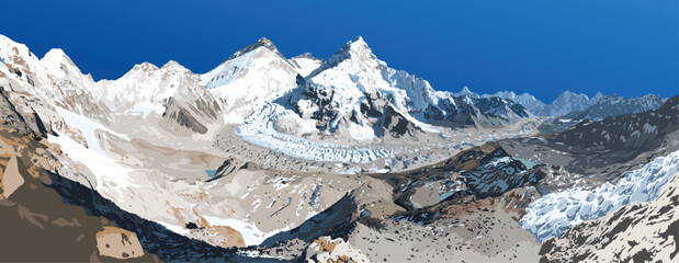 mount Everest Lhotse and Nuptse from Nepal side as seen from Pumori base camp, vector illustration, Mt Everest 8,848 m, Khumbu valley, Sagarmatha national park, Nepal Himalaya mountain - obrazy, fototapety, plakaty