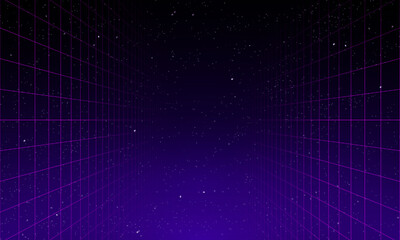 80s Retro Sci-Fi Background Futuristic Grid landscape. Digital cyber surface style of the 1980`s. Double infinite grid and lights forward. Synthwave wireframe net illustration. 80s, 90s cyber grid