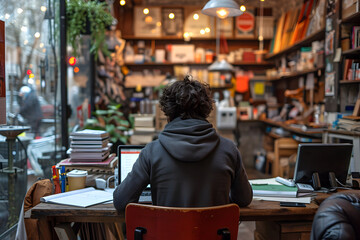 Back view of Person Using Laptop Inside Bookstore