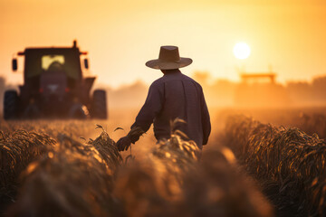 Sunset Harvest: A Farmer's Golden Work in the Rural Wheat Field