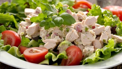 A plate of chicken salad with tomatoes and lettuce