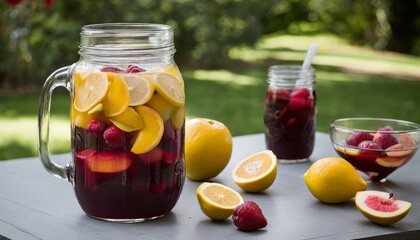 A glass jar of lemonade with sliced lemons and strawberries - obrazy, fototapety, plakaty