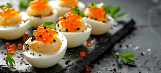 Deviled eggs topped with bright orange caviar and black truffle on a dark slate, with green leaf garnish