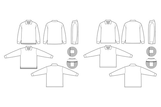 soccer football jersey collared Rugby Polo Long Sleeve Collared Flat Technical Drawing Illustration Blank Mock-up Template for Design and Tech Packs CAD Technical Sketch