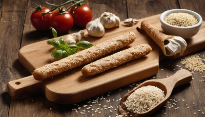 Fototapeta na wymiar A wooden cutting board with bread sticks, tomatoes, garlic, and rice
