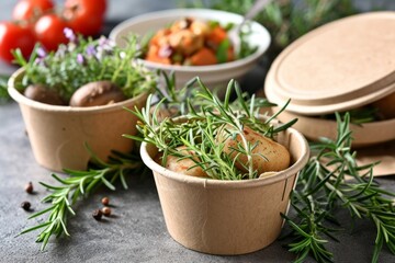 Eco-friendly food package delivery wrapping safe recyclable container lunch disposable cardboard recycling organic box concept vegan product order zero waste sustainable material meal biodegradable