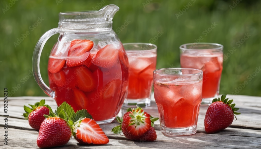 Sticker A glass pitcher of strawberry lemonade with glasses of lemonade and strawberries on a table