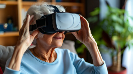 senior woman with gray hair in vr glasses 