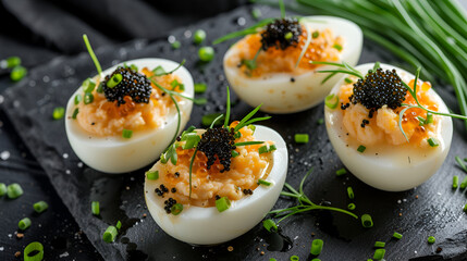 Deviled eggs with a twist of caviar and chive garnish on a textured black backdrop, ideal for gourmet cuisine
