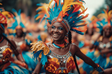 Joyful carnival dancer in a feathered costume. Beautiful exotic woman dancing on the streets during...