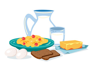 Morning breakfast porridge with milk, banana and nuts. Vector flat graphic design cartoon illustration