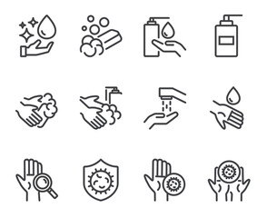 Hand washing line icons. Set of outline symbols, simple graphic elements, modern linear style black pictograms collection. Washing hands, hygiene, handwashing concepts. Vector line icons set
