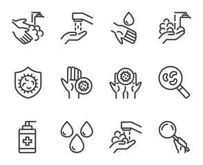 Hand washing line icons. Set of outline symbols, simple graphic elements, modern linear style black pictograms collection. Washing hands, hygiene, handwashing concepts. Vector line icons set