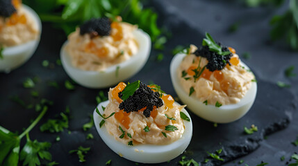 Sophisticated deviled eggs with black caviar and fresh chive topping, set on a chic marble stone