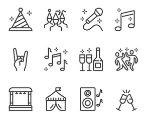 Festival selebration concert party disco dance flat black thin line stroke isolaed icon set collection