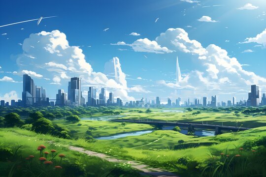 Cityscape with clear sky seen from green fields outside the city