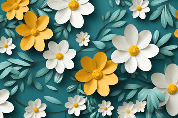 Obraz premium White and yellow paper flowers on a green background