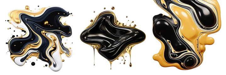 Set of black and gold fluid element isolated on transparent background