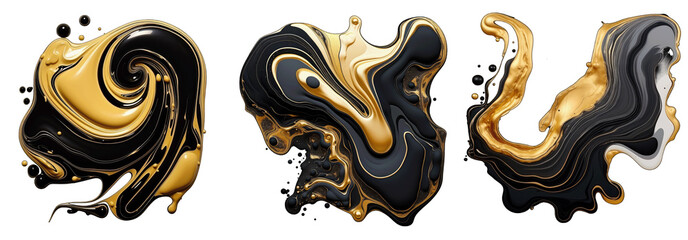 Set of black and gold fluid element isolated on transparent background