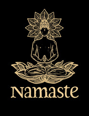 An elegant and stylized illustration depicting a figure in meditation within a lotus, accompanied by the sacred word 'Namaste', capturing the essence of peace, spirituality, and unity