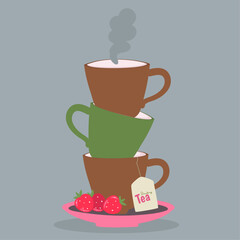 Flat Design Illustration with Three Cups Tea with Strawberry Taste