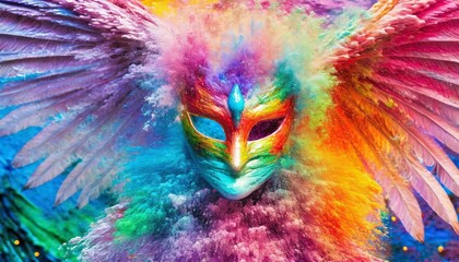 Eagle-shaped carnival mask. front view with open wings and head turned to the right. very bright pastel colors. AI generated