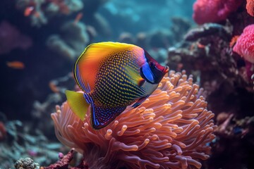 Fototapeta na wymiar Tropical Butterflyfish swimming on underwater colorful coral reef background deep in the ocean