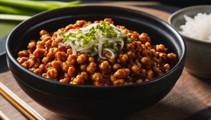 A bowl of beans with cheese and green onions