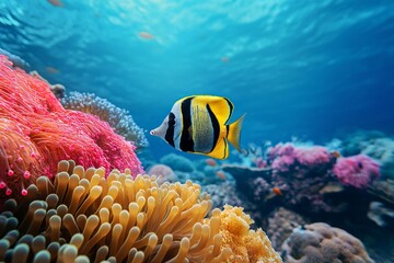 Fototapeta na wymiar Tropical Butterflyfish swimming on underwater colorful coral reef background deep in the ocean