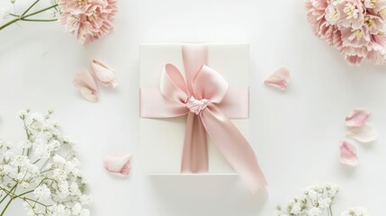 Fototapeta na wymiar Gift box with pink ribbon on soft white background, a symbol of love and appreciation for Mother's Day, promoting emotional well-being and care, expressing gratitude and emotional connection