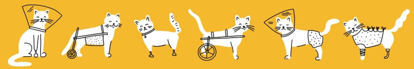 Vector horizontal illustration of a set of different disabled cats, hand-drawn in the style of doodles