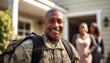 A happy soldier coming home to his family