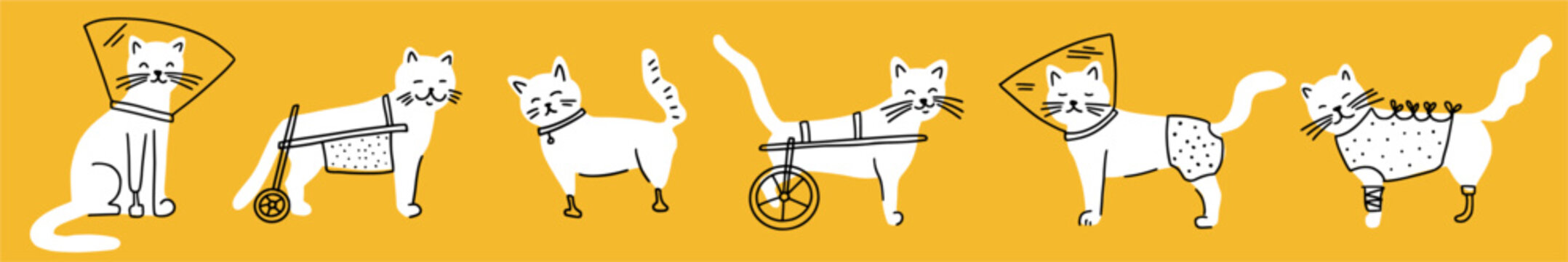 Vector collection of disabled cats with prosthetics, hand-drawn in the style of doodles.