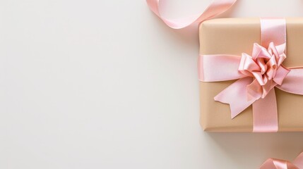 Obraz na płótnie Canvas Gift box with pink ribbon on soft white background, a symbol of love and appreciation for Mother's Day, promoting emotional well-being and care, expressing gratitude and emotional connection