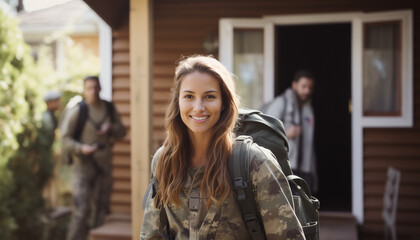 A happy female soldier coming home - obrazy, fototapety, plakaty