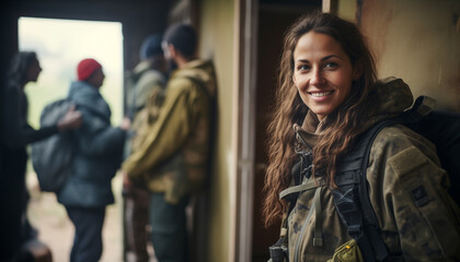 A happy female soldier coming home - obrazy, fototapety, plakaty