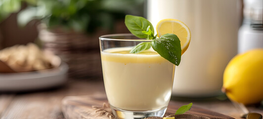 Homemade lemon posset in a glass, adorned with a mint leaf and lemon slice, rustic charm - obrazy, fototapety, plakaty