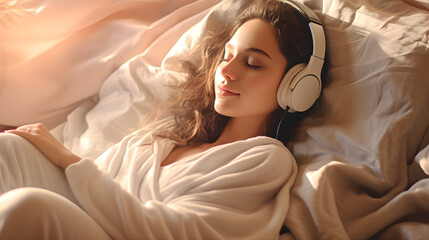 Frau mit Kopfhörern liegt eingekuschelt im Bett und hört Musik / Podcast - obrazy, fototapety, plakaty