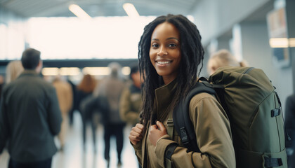 A beautiful black female in military attire with a backpack standing in an airport