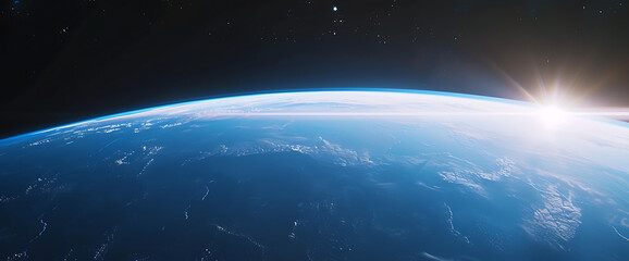 a blue earth seen from space and with a bright light  - obrazy, fototapety, plakaty