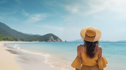 Fototapeta na wymiar Back view young tourist woman in summer dress and hat standing on beautiful sandy beach. Cute girl enjoy her tropical sea on relax holiday vacation during summer time and sunshine day, Generative AI
