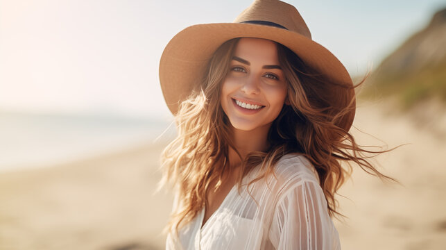 Beautiful girl with straw hat smiling on sunny beach in summer style fashion trend outfit happy, freedom, Beach vacation, Generative AI