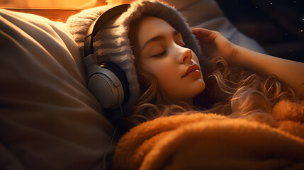 Frau mit Kopfhörern liegt eingekuschelt im Bett und hört Musik / Podcast - obrazy, fototapety, plakaty