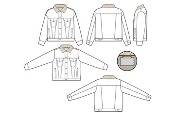 Men unisex oversized sherpa denim jean jacket trucker vector flat technical drawing illustration mock-up template for design and tech packs fashion CAD streetwear fashion brand design resource baggy