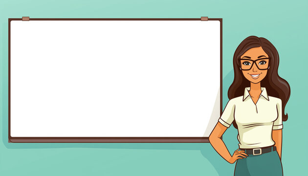 A blank cartoon illustration of a teacher and a blank whiteboard, mockup, template