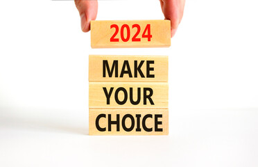 2024 Make your choice symbol. Concept words 2024 Make your choice on beautiful wooden block. Beautiful white table white background. Voter hand. Business 2024 Make your choice concept. Copy space.