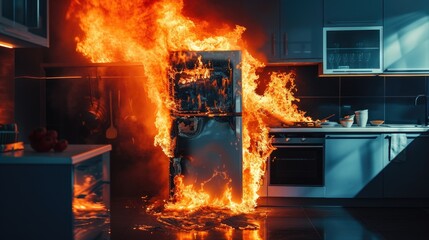 This image captures a dangerous situation in a modern kitchen where a fire has erupted, consuming a stove with intense orange and yellow flames that reach high and cast a threatening glow on the sleek