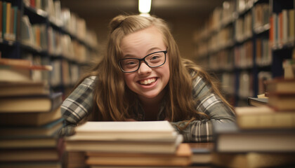 A happy teenage girl with Down syndrome in a library surrounded by books, evoking a sense of limitless possibilities